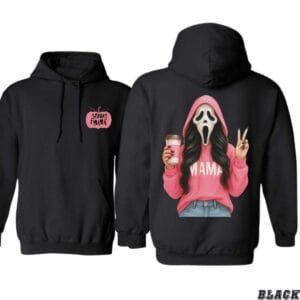 Spooky Mama Halloween Hoodie, Fun Ghostface Girl In Pink With Coffee Graphic