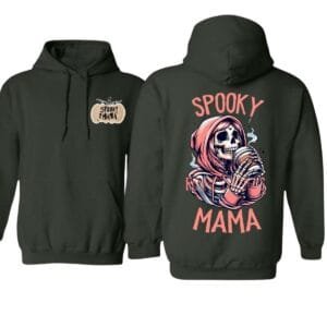 Spooky Mama Pullover Hoodie, Bold Skeleton Coffee Lover Graphic Hoodie