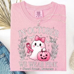 In October We Wear Pink Ghost Sweatshirt, Breast Cancer Awareness Tee, Halloween Ghost Tshirt