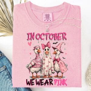 In October We Wear Pink Ghost Sweatshirt, Breast Cancer Awareness Tee, Halloween Ghost Tshirt